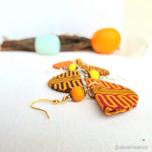 Fabric earrings, Orange and Yello beads
